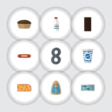 Düz simgesi Tart, teneke Tuna, konfeksiyon ve diğer vektör nesneleri kümesi yeme. Ayrıca krem, içerir sosis, şişe öğeleri.