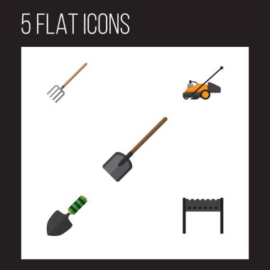 Düz kutsal kişilerin resmi Bahçe Barbekü, saman çatal, kürek ve diğer vektör nesneleri kümesi. Ayrıca Barbekü, çim, araç öğeleri içerir.