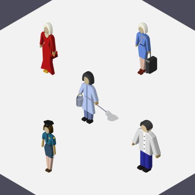 İzometrik kişi erkek, kadın polis, hostes ve diğer vektör nesneleri kümesi. Erkek, kadın, hizmetçi öğeleri de içerir.