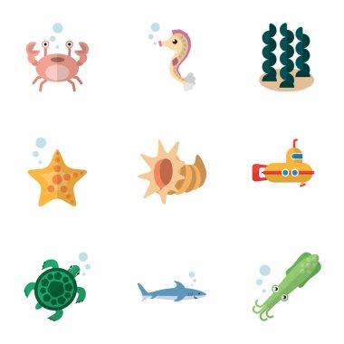 Düz simgesi deniz Periskop, Hipokampus, kanser ve diğer vektör nesneleri kümesi. Ayrıca içerir Alga, at, tarak öğeleri.