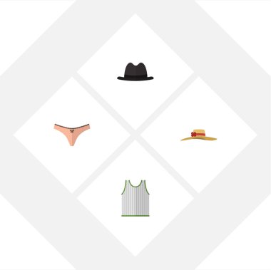 Panama, iç çamaşırı, şık şapkalar ve diğer vektör nesnelerini düz simge giysi seti. Ayrıca kolsuz, içerir Fedora, iç çamaşırı elemanları.