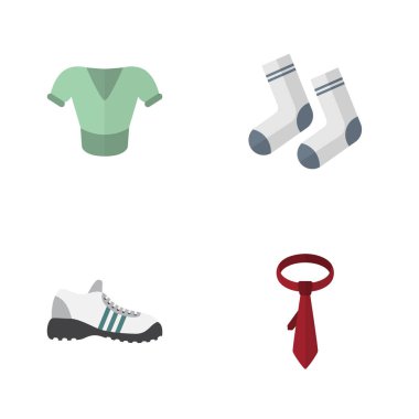 Düz simgesi elbise Cravat, spor ayakkabılar, ayak Tekstil ve diğer vektör nesneleri ayarlayın. Ayrıca çorap, elbise, kravat unsurları içerir.
