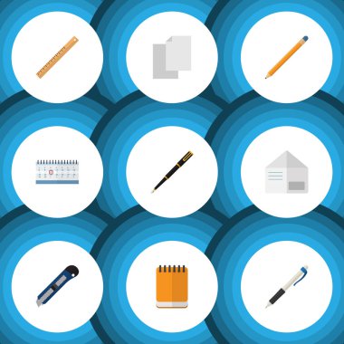 Düz simge Kırtasiye mektup, kalem, NIB kalem ve diğer vektör nesnelerini ayarlayın. Ayrıca Almanak'ı, yazma, takvim öğeleri içerir.