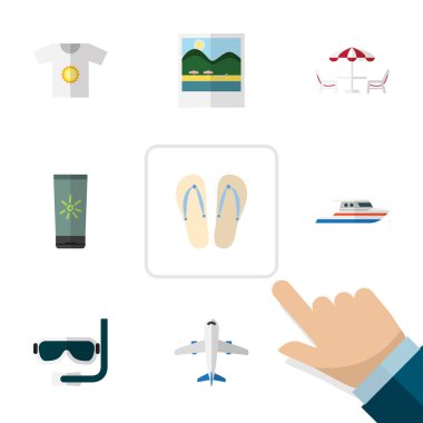 Düz simgesi yaz dizi plaj sandaletleri, RECLINER, tekne vektör nesneleri. Ayrıca Flop, yat, güneş unsurları içerir.