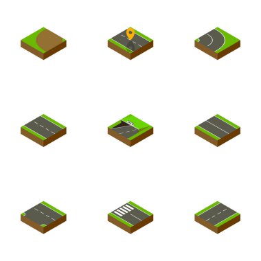İzometrik yol tek şeritli, şerit, düz ve diğer vektör nesneleri kümesi. Aşağı, aşağı, gezinti öğeleri de içerir.
