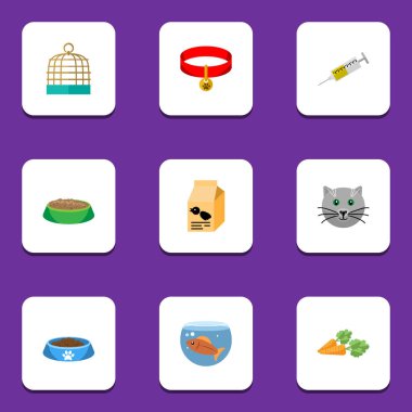 Düz simgesi evcil hayvan kümesi kök sebze, kedi yeme, kuş hapis ve diğer vektör nesneleri. Ayrıca kuş kafesi, kedi, kolye öğeleri içerir.