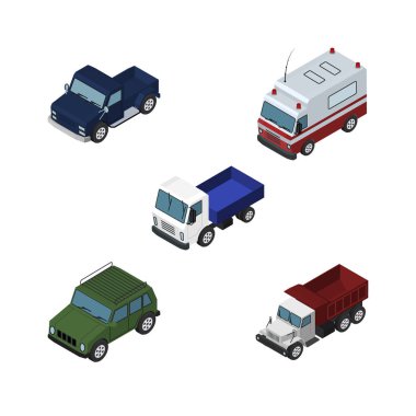 İzometrik taşıma zırhlı, ilkyardım, kamyon ve diğer vektör nesneleri kümesi. Ayrıca Suv, kamyon, yardım unsurları içerir.