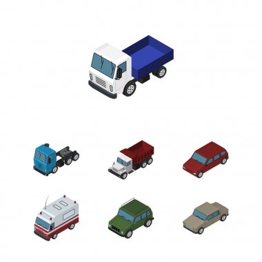 İzometrik arabası seti nakliye, ilk yardım, otomatik ve diğer vektör nesneleri. Ayrıca ambulans, Sedan, sürücü unsurları içerir.