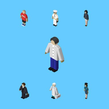 İzometrik kişi Doktor, polis, adam ve diğer vektör nesneleri kümesi. Ayrıca Mariner, Doktor, kız öğeleri içerir.