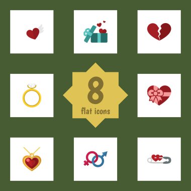 Düz simgesi aşk dizi cinsellik sembolü, hediye, kanat ve diğer vektör nesneleri. Yüzük, boşanma, şerit öğeleri de içerir.