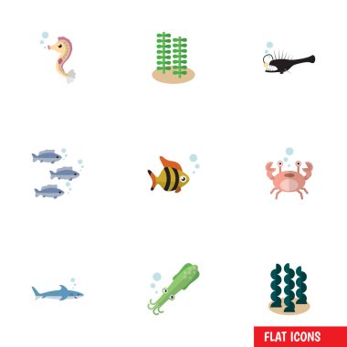 Düz simgesi doğa köpek balığı, deniz ürünleri, kanser ve diğer vektör nesneleri ayarlayın. Ayrıca fener, Yengeç, Tuna öğeleri içerir.