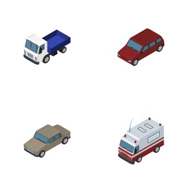 İzometrik taşıma ilk yardım, Araba, Oto, diğer vektör nesneleri kümesi. Ayrıca kamyon, Sedan, yardım unsurları içerir.