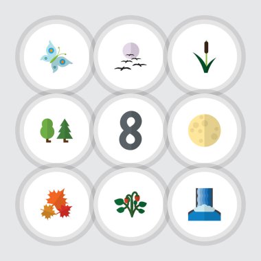 Düz simgesi Bio Cascade, Kanada, Monarch ve diğer vektör nesneleri kümesi. Ayrıca şelale, orman, çim unsurları içerir.