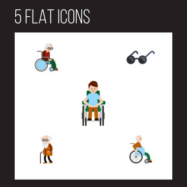 Düz simgesini devre dışı ayarlar özürlü adam, gözlük, atası vektör nesneleri. Ayrıca gözlük, tekerlekli sandalye, üst öğeleri içerir.