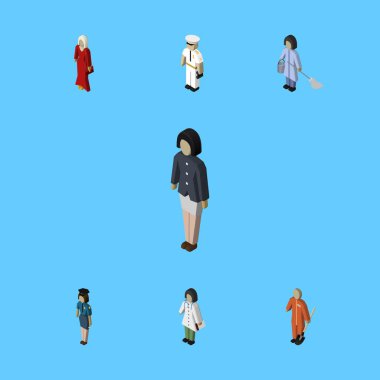 İzometrik insanlar hizmetçi, süpürge, polis ve diğer vektör nesneleri kümesi. Kadın, erkek, kadın polis öğeleri de içerir.