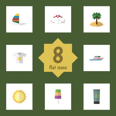 Düz simgesi Sezon dizi tekne, nemlendirici, giysileri ve diğer vektör nesneleri. Ayrıca gemi, Palm, sörf öğeleri içerir.