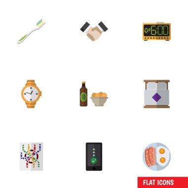 Süreölçeri, sahanda yumurta, cips ve diğer vektör nesneleri ile bira düz simgesi yaşam biçimi ayarlayın. Ayrıca Alarm, diş fırçası, elektrik öğeleri içerir.