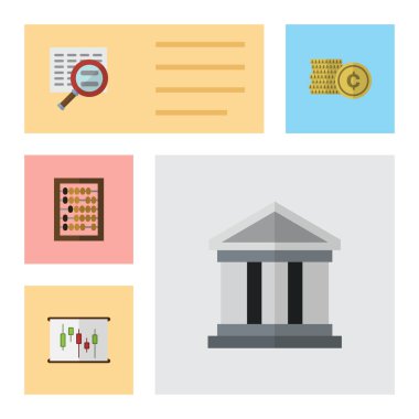 Düz simgesi gelen para, diyagram, inceden inceye gözden geçirmek ve diğer vektör nesneleri kümesi. Ayrıca arama, banka, grafik öğelerini içerir.