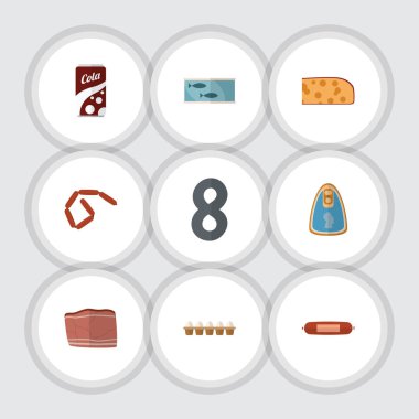 Kielbasa, gazlı içecek, yumurta kabuğu kutusu ve diğer vektör nesnelerini düz simge yemek seti. Ayrıca Hollanda, gazlı, Tuna öğeleri içerir.
