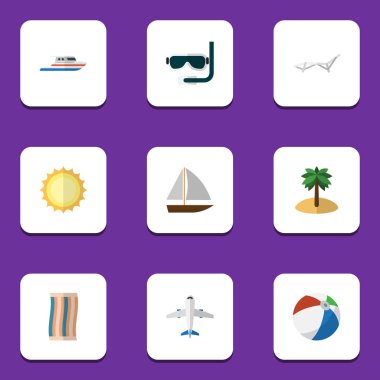 Düz simgesi Sezon dizi tekne, şezlong, yat ve diğer vektör nesneleri. Ayrıca içerir uçak, güneş ışığı, güneş öğeleri.
