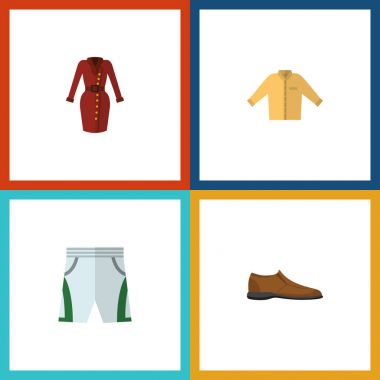 Düz simgesi giysi kümesi erkek Footware, Banyan, mayo kumaş ve diğer vektör nesneleri. Ayrıca elbise, erkek, Ayakkabı detayları içerir.