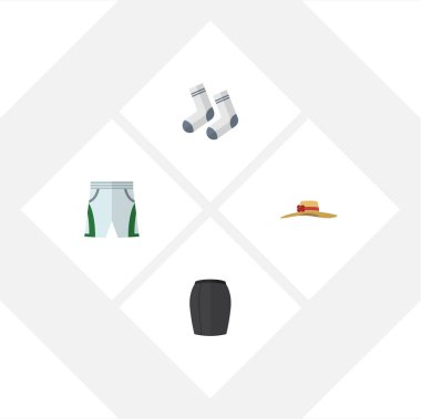 Düz simge kıyafetleri şık şapkalar, ayak Tekstil, mayo kumaş ve diğer vektör nesnelerini ayarlayın. Ayrıca etek, şapka, Trunks öğeleri içerir.