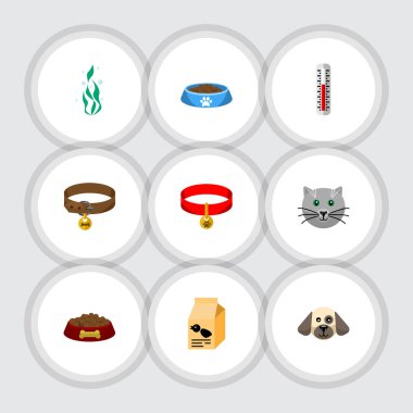 Düz simgesi evcil hayvan kümesi Kitty yaka, kedi yeme, deniz yosunu ve diğer vektör nesneleri. Ayrıca içerir kuş, su, tazı öğeleri.