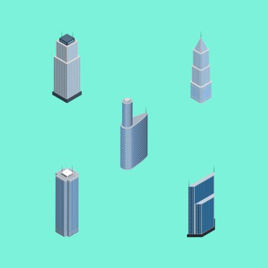 İzometrik gökdelen gökdelen, konut, inşaat ve diğer vektör nesneleri kümesi. Ayrıca, daire, konut, Merkezi öğeleri içerir.