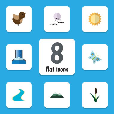 Düz simgesi doğa Monarch, Cascade, kuyrugu ve diğer vektör nesneleri kümesi. Ayrıca ay, kedi, güneş öğeleri içerir.