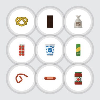 Düz simgesi yemek Kielbasa, spagetti, konfeksiyon ve diğer vektör nesneleri kümesi. Ayrıca bisküvi, çanta, tanımlama bilgisi öğeleri içerir.