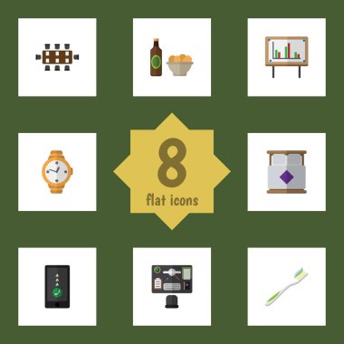 Düz simgesi hayat cep telefonu, Toplantı odası, beyaz tahta ve diğer vektör nesneleri ayarlayın. Ayrıca cep telefonu, bira, sunum elemanları içerir.