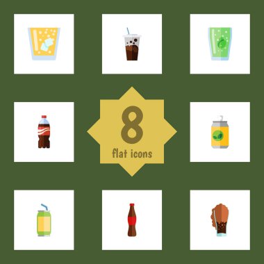 Düz simgesi içecek kümesi gazlı, Soda, şişe ve diğer vektör nesneleri. Ayrıca Kupası, suyu, gazlı öğeleri içerir.