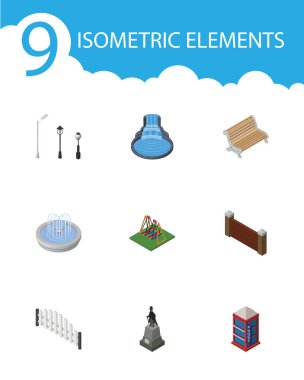 İzometrik şehir koltuk, barikat, bariyer ve diğer vektör nesneleri kümesi. Ayrıca heykel, tezgah, duvar elemanları içerir.