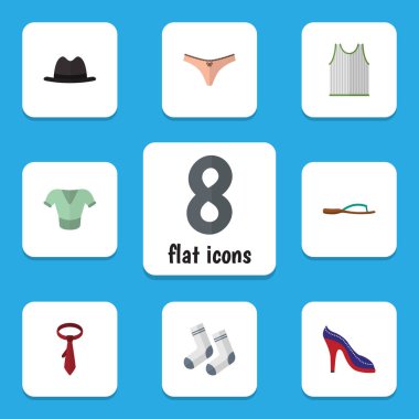 Düz simgesi elbise dizi ayak Tekstil, Singlet, plaj sandalet vektör nesneleri. Ayrıca Tank, ayak, kravat unsurları içerir.