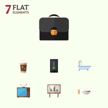 Evrak çantası, Cappuccino, beyaz tahta ve diğer vektör nesnelerini düz simge Oneday seti. Ayrıca kapuçino, televizyon, bavul öğeleri içerir.