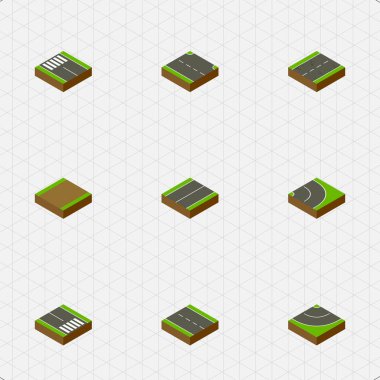 İzometrik yol şerit, yaya, tek şeritli ve diğer vektör nesneleri kümesi. Ayrıca karayolu, asfalt, uçak unsurları içerir.