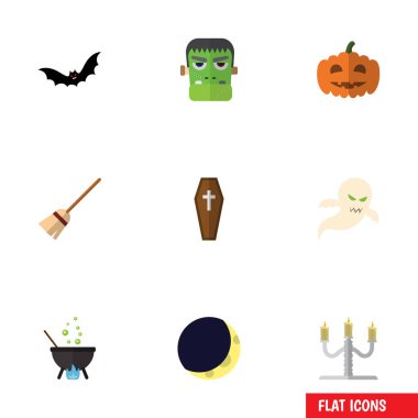 Düz simgesi Festivali ayarla batıl inanç, canavar, Şamdan vektör nesneleri. Kaynar, kazan, Moon öğeleri de içerir.