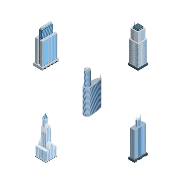 Isometrische Wolkenkratzer mit Turm, Geschäftszentrum, Stadtbild und anderen Vektorobjekten. umfasst auch Zentrum, Gebäude, Außenelemente. — Stockvektor