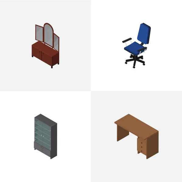 Izometrikus bútor, asztal, fiókos, Office és egyéb vektoros objektumok beállítása Magában foglalja a szék, tükör, tálaló elemek. — Stock Vector