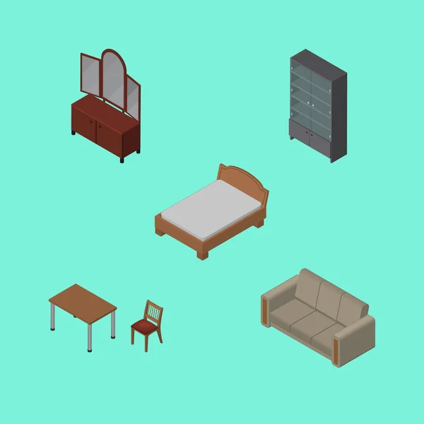 Set de muebles isométricos de silla, sofá, aparador y otros objetos vectoriales. También incluye sofá, muebles, elementos de sofá . — Vector de stock