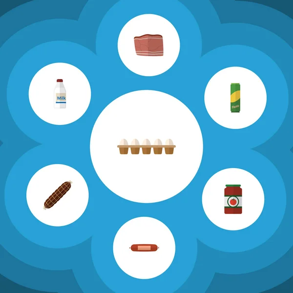 Płaskie ikona jedzenie ustawić butelki, kiełbasa, wołowina i inne obiekty wektorowe. Obejmuje również keczup, kiełbasa, makaron elementów. — Wektor stockowy