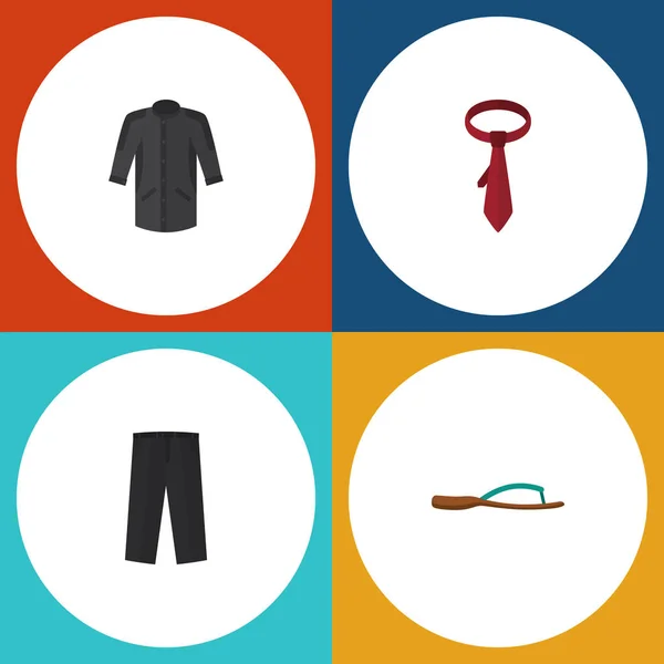 Conjunto de ropa plana icono de pantalones, sandalia de playa, objetos de vectores Cravat. También incluye Kimono, Corbata, Leggings Elementos . — Vector de stock