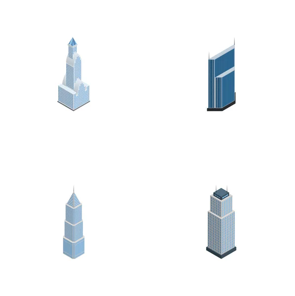 Isometrisk skyskrapa uppsättning bostäder, stadsbilden, exteriör och andra vektorobjekt. Innehåller även lägenhet, skyskrapa, Tower element. — Stock vektor