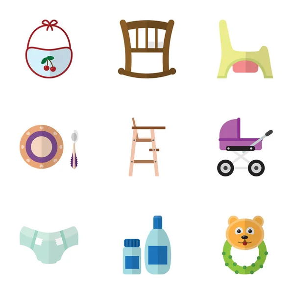 Platte Icon babyset van Rattle, wandelwagen, Baby plaat en andere vectorobjecten. Ook bevat Bear, kind, Cot elementen. — Stockvector