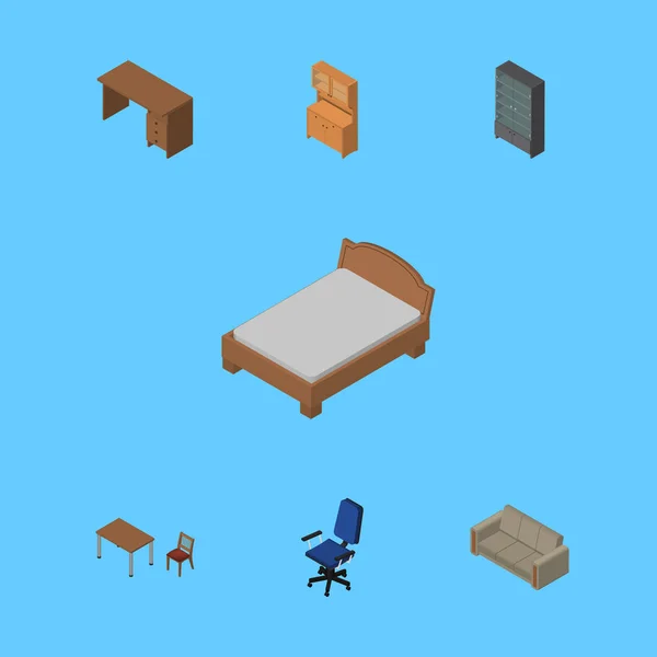 Isometrisches Design-Set aus Sideboard, Tisch, Schrank und anderen Vektorobjekten. umfasst auch Schublade, Kleiderschrank, Bettelemente. — Stockvektor