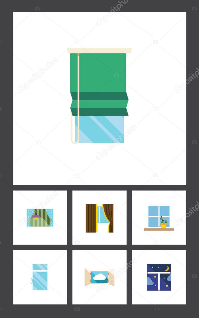Flat Icon Window Set Of Balcony, Glass, Frame And Other Vector Objects. Also Includes Flower, Glass, Cloud Elements.
