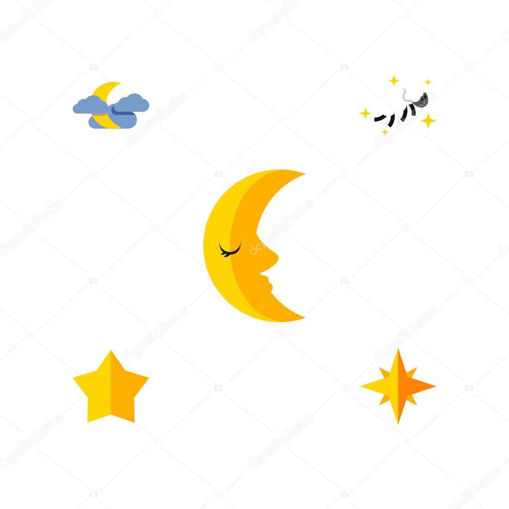 Flat Icon Bedtime Set Of Starlet, Asterisk, Night And Other Vector Objects. Also Includes Asterisk, Nighttime, Lunar Elements.