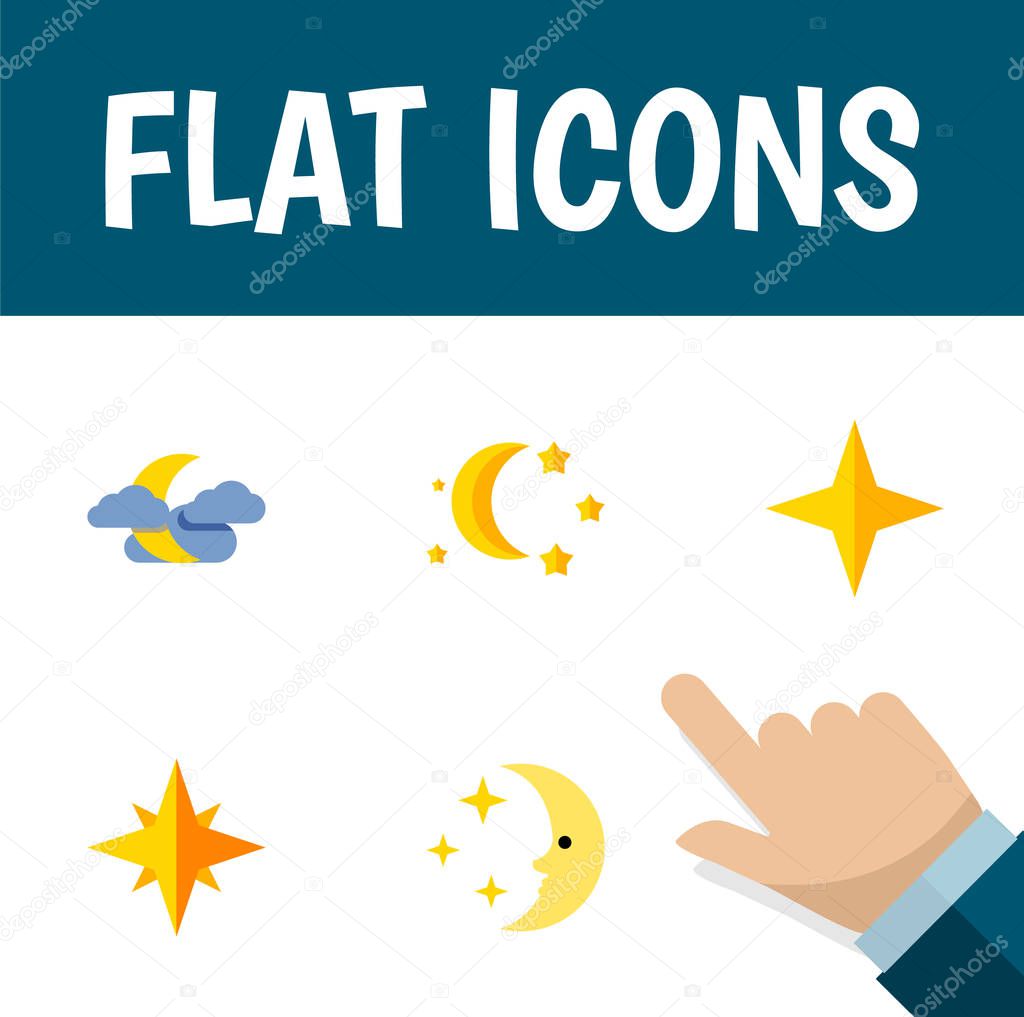 Flat Icon Night Set Of Star, Bedtime, Midnight And Other Vector Objects. Also Includes Moon, Nighttime, Sky Elements.