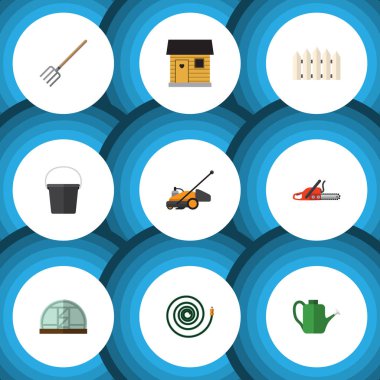 Düz simge kulübemde seti ahşap bariyer, saman çatal, ahır ve diğer vektör nesneleri. Ayrıca bariyer, Hosepipe, sera öğeler içerir.