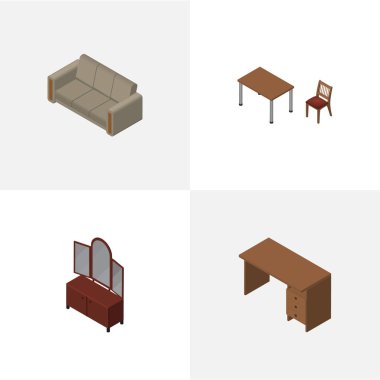 İzometrik mobilya kanepe, Masa, çekmece ve diğer vektör nesneleri kümesi. Ayrıca masa, dolap, kanepe unsurları içerir.